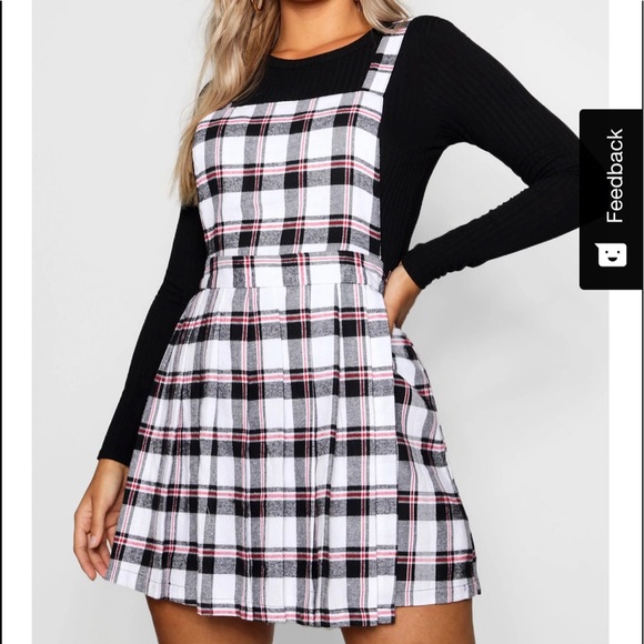 Boohoo Plus Dresses & Skirts - Plus Checked Pinafore Dress, size 16. Ivory, pink and black.